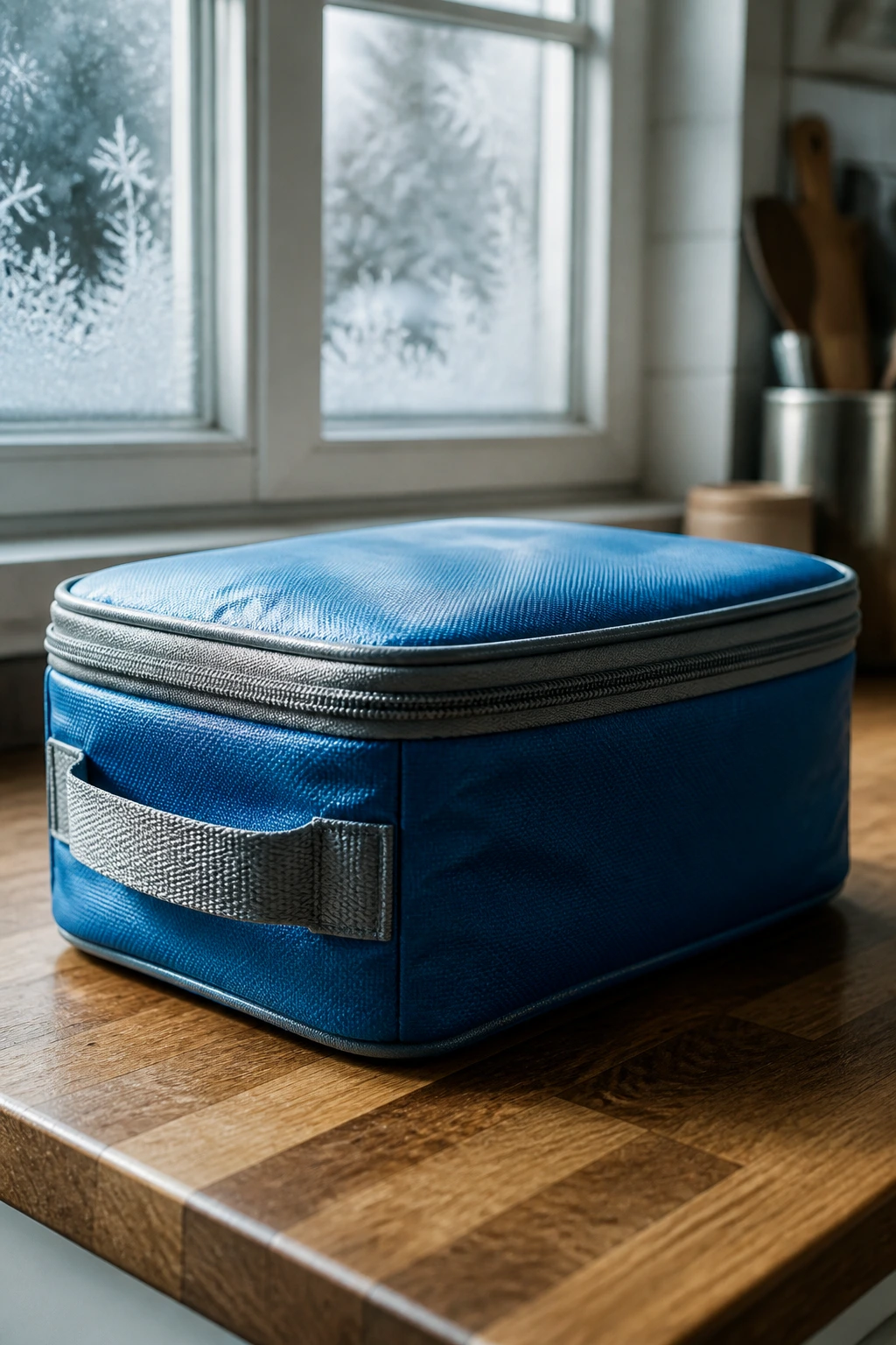 Insulated lunchbox in a wintery kitchen setting