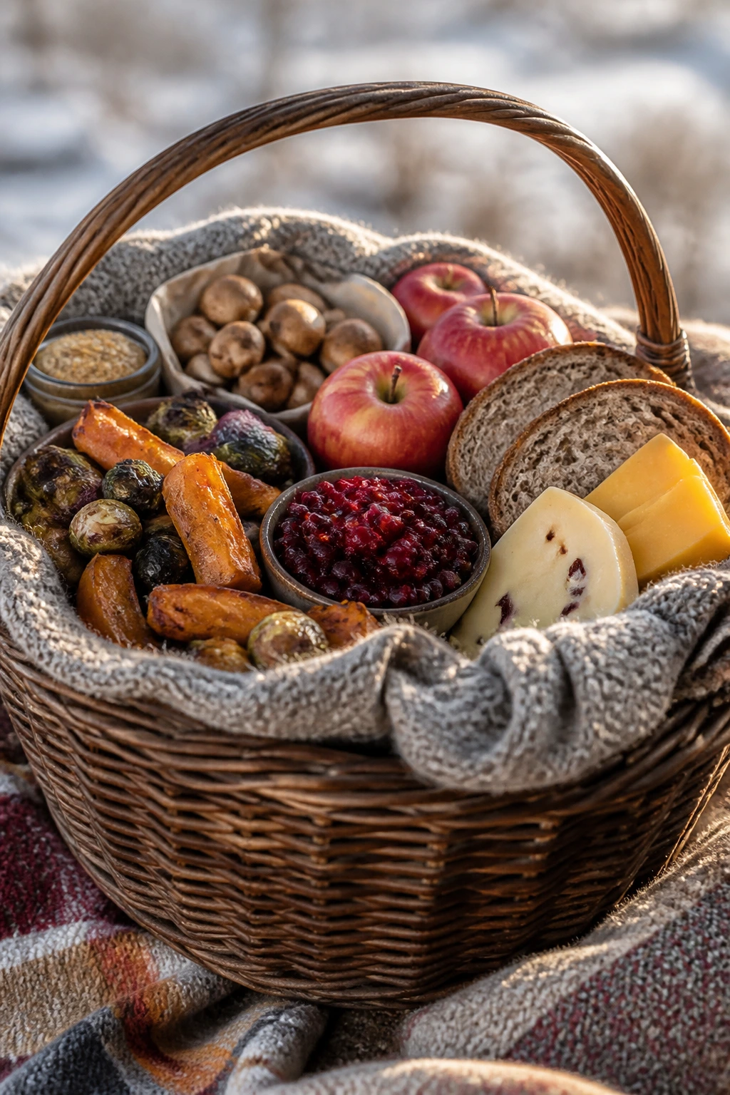 Rustic picnic basket packed with winter foods like cheddar, mushrooms, apples, rye, cranberries