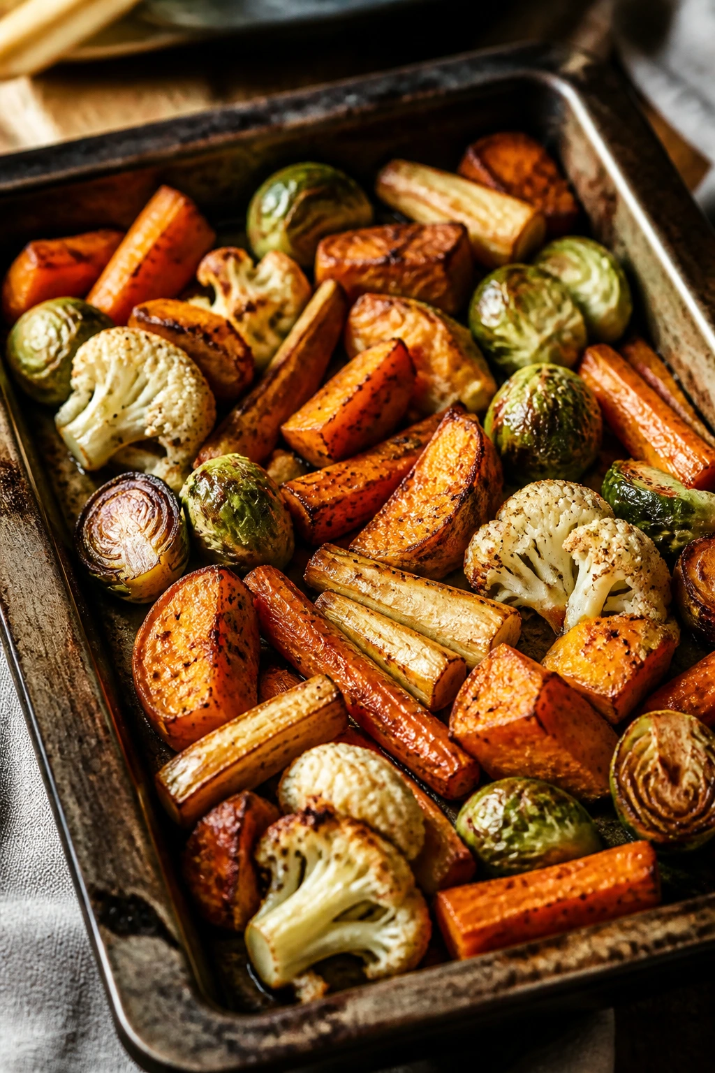 Roasting tray of winter root vegetables browned at edges on a kitchen counter.