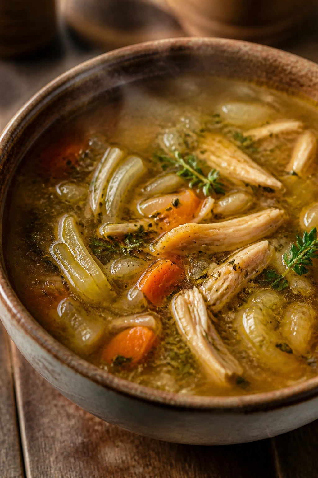 Steaming bowl of comforting winter soup on a rustic table