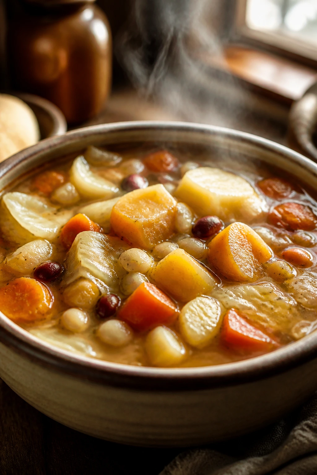 Close-up of a steaming bowl of hearty winter vegetable soup with potatoes, beans, cabbage, carrots, and squash.