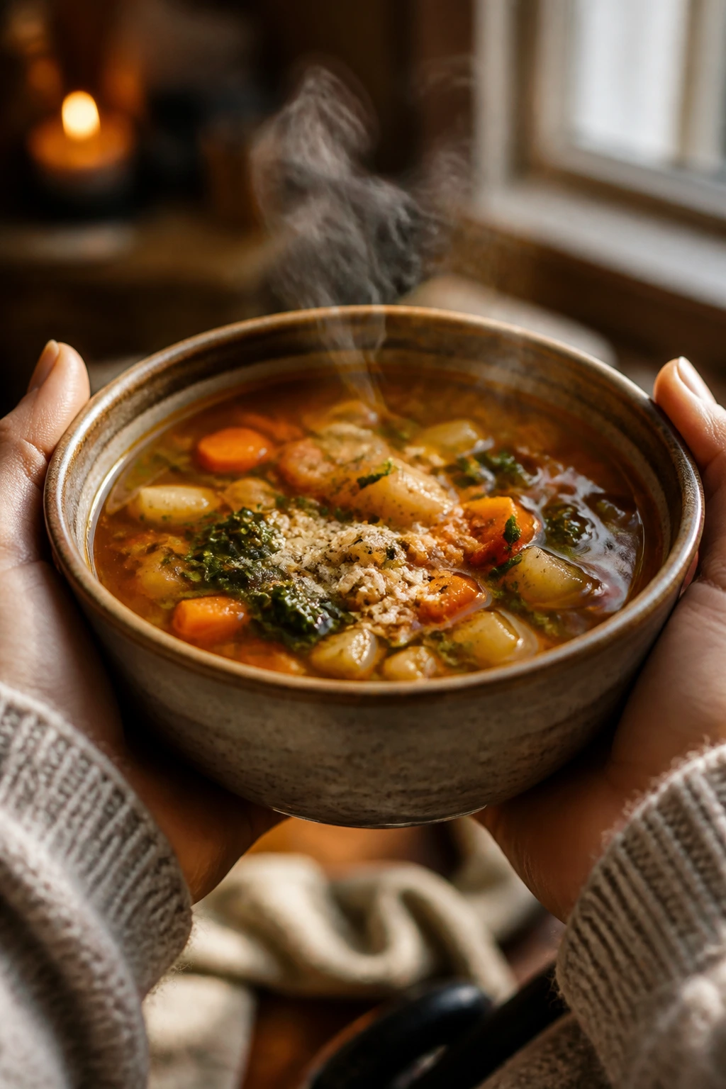 Steaming bowl of comforting soup held in hands in a cozy winter kitchen