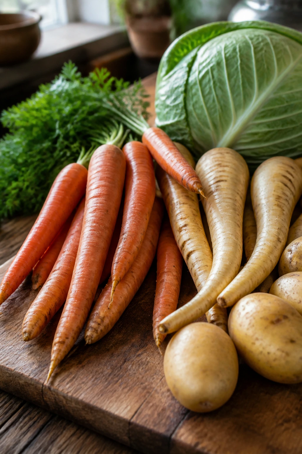 Assorted winter vegetables on cutting board in a kitchen