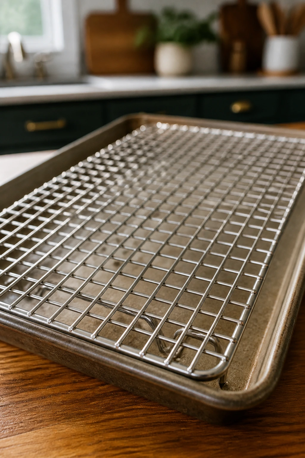 Metal wire rack over a rimmed baking sheet in a kitchen