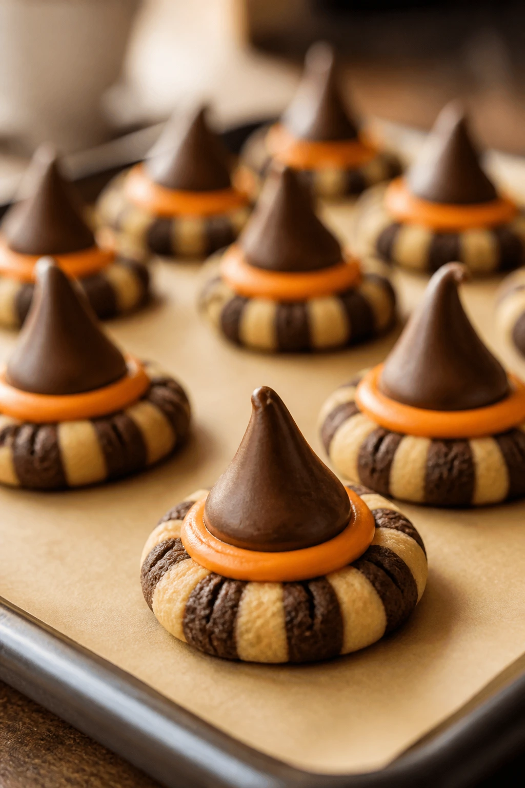 Close-up of witch hat cookies with chocolate kiss toppers on parchment