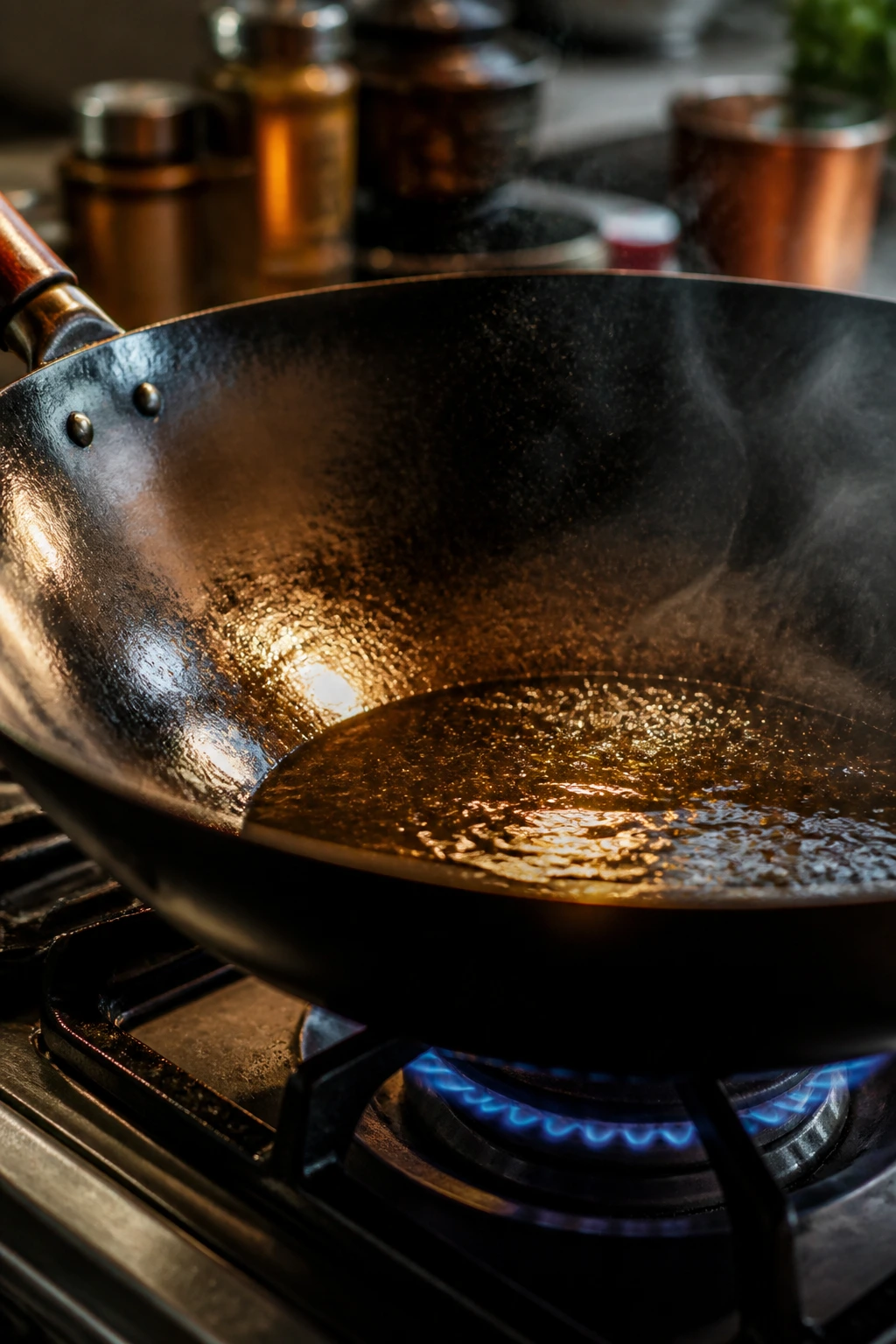 Close-up of a carbon steel wok on a gas burner with shimmering oil in a home kitchen