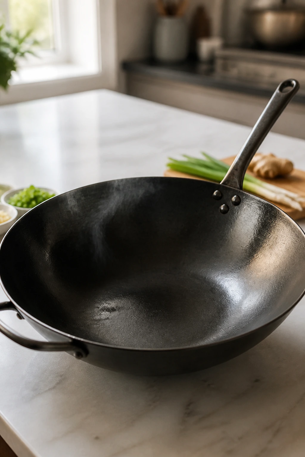 Close-up of a 12-inch carbon steel wok on a clean kitchen counter with warm light.