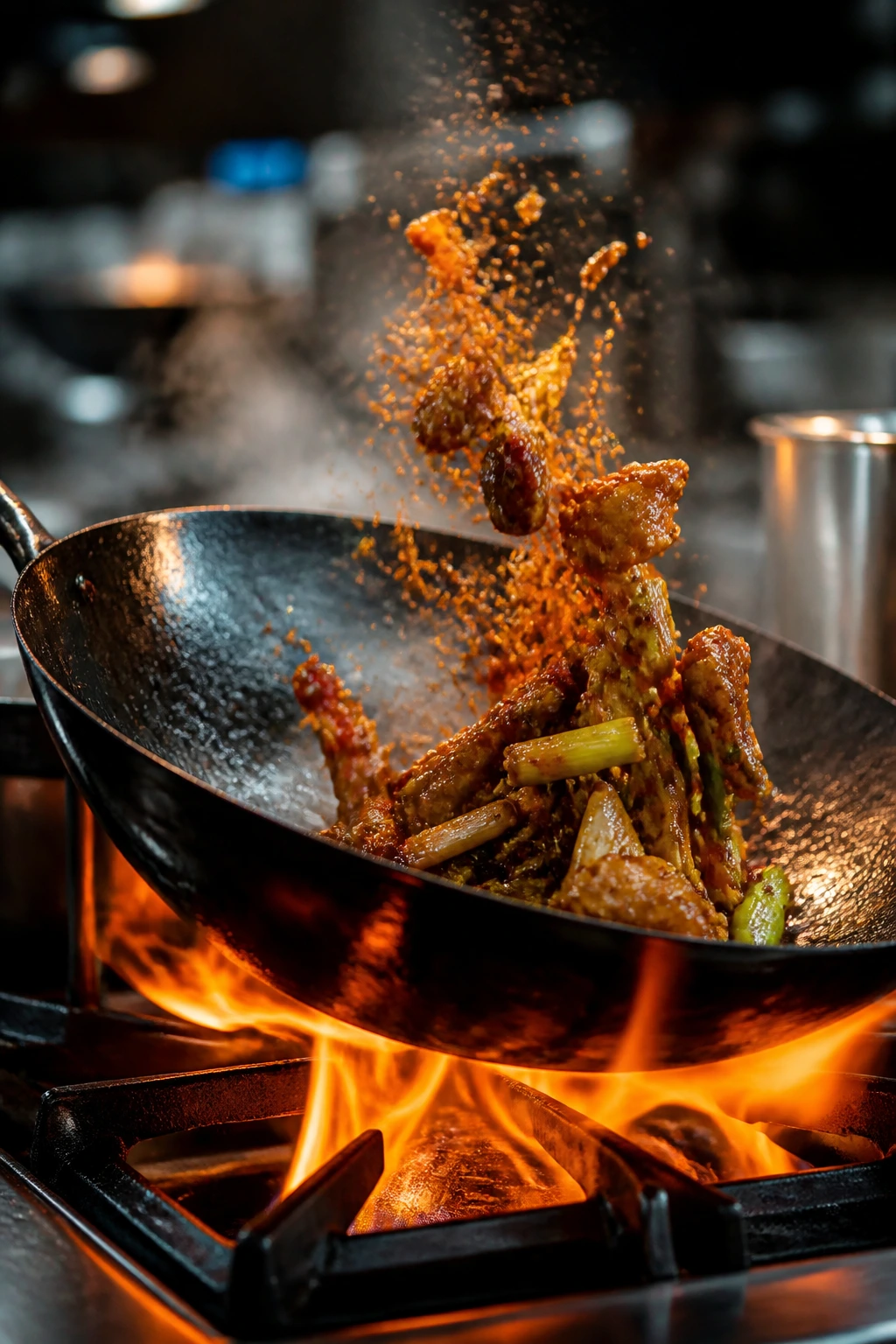Wok on flame tossing sauce in kitchen