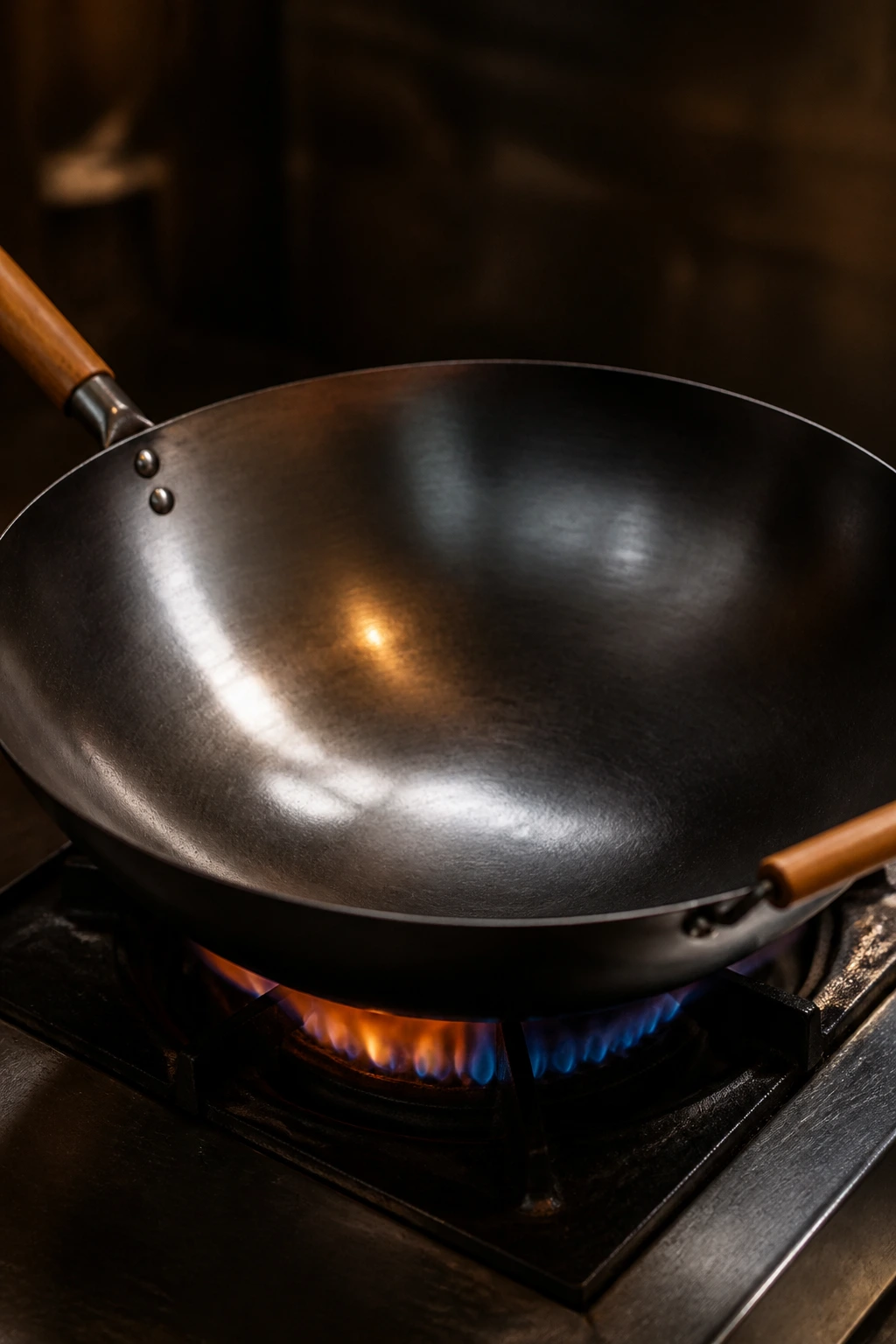 Wok dominating the frame on a stove in a kitchen