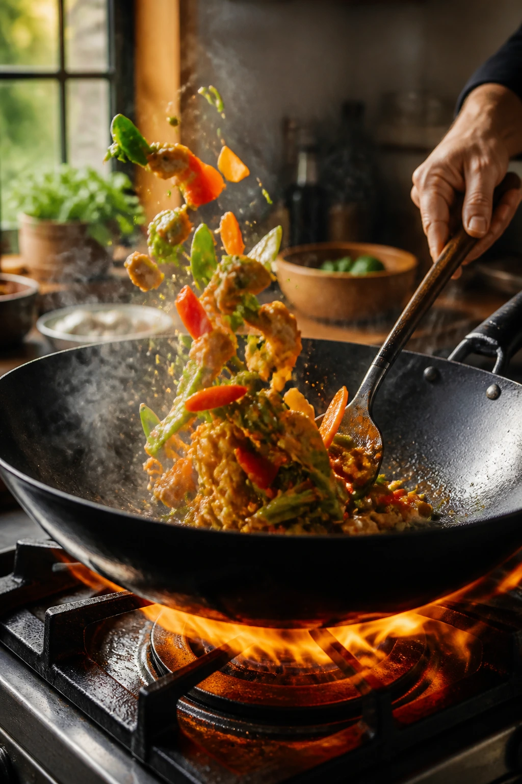 Close-up of a wok in fast stir-fry with steam on a home stove