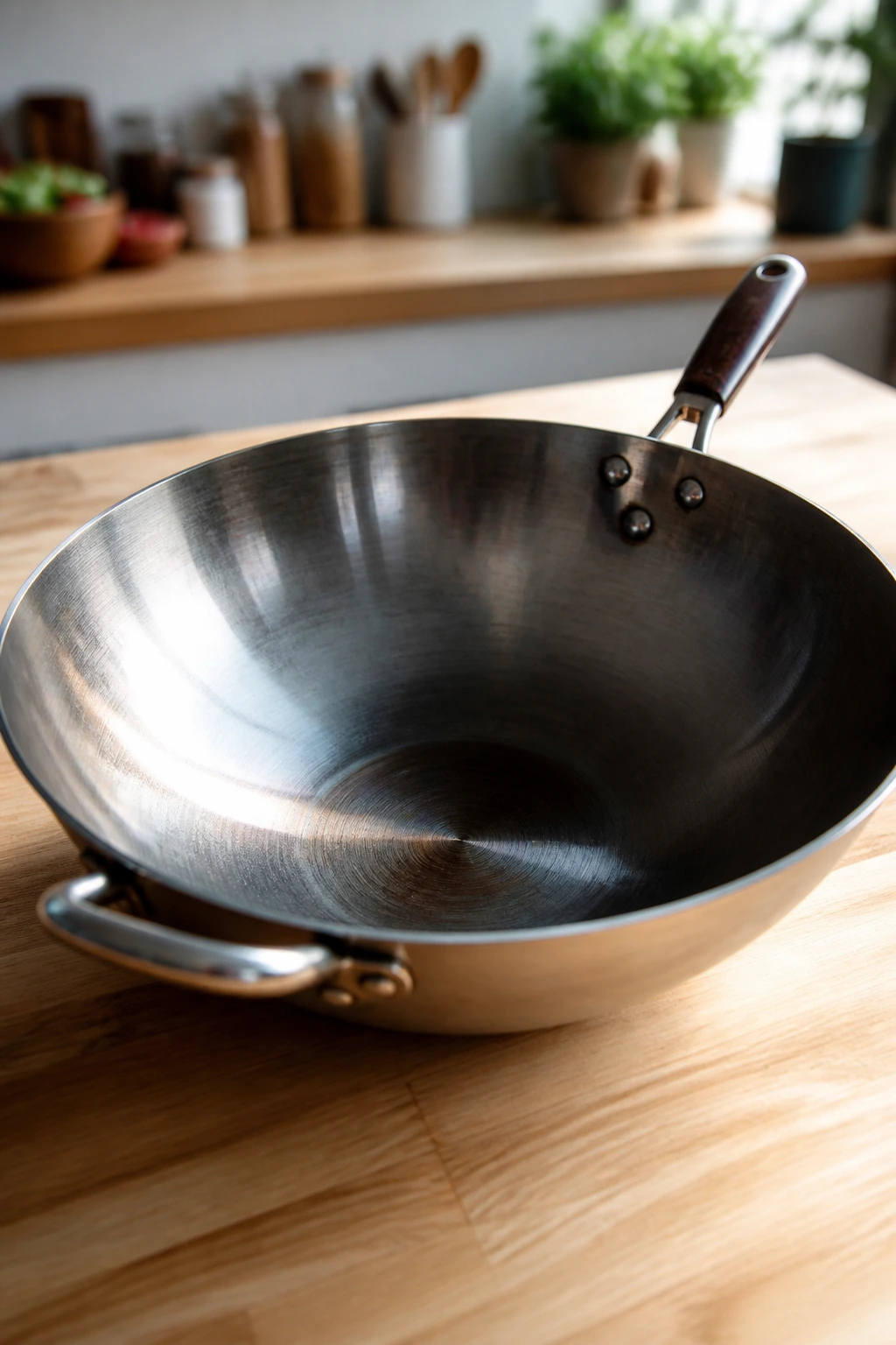 Shiny 12-inch wok on wooden counter as kitchen essential