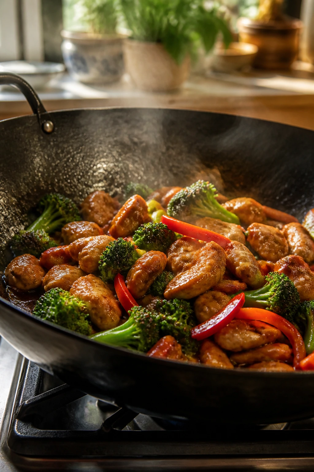 Close-up of a sizzling wok with colorful stir-fry representing wok dinners for family night.