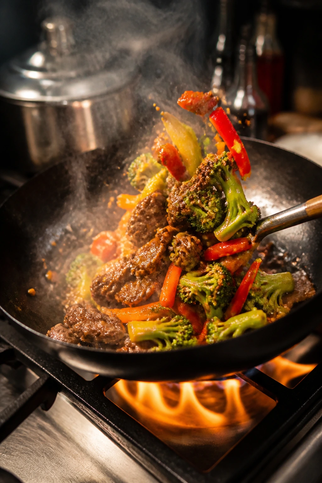 Sizzling wok showing colorful stir-fry in progress.