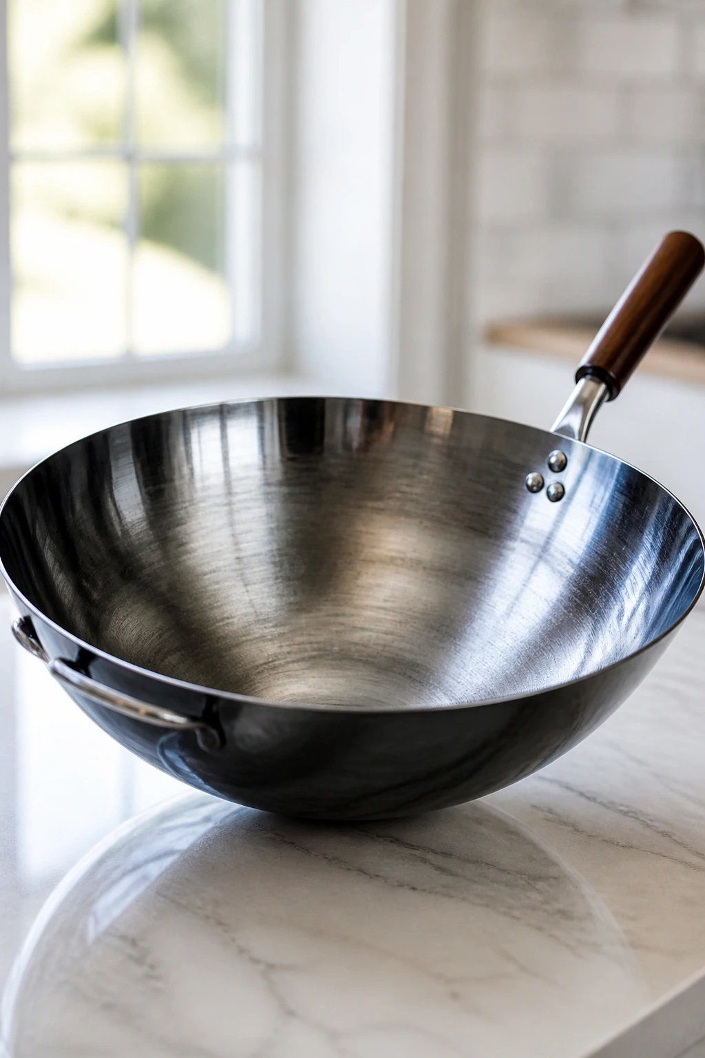 Polished wok on kitchen counter as essential cooking equipment