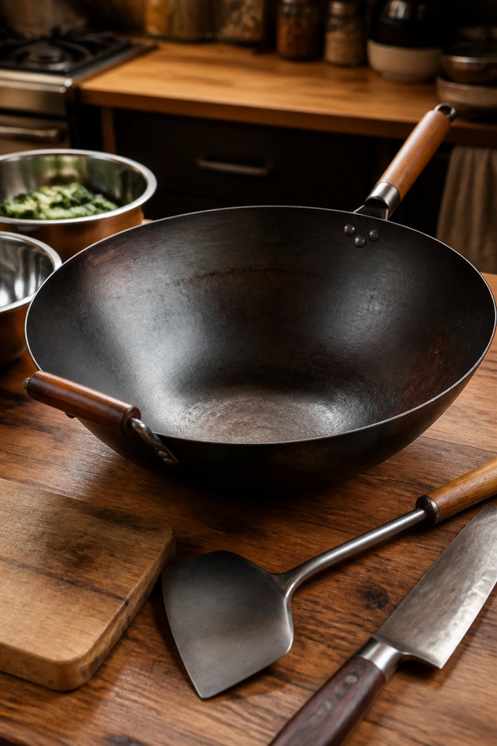 Wok and essential cooking tools arranged on a kitchen counter.