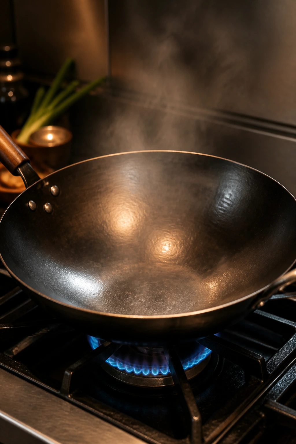 Wok on a burner in a kitchen with steam