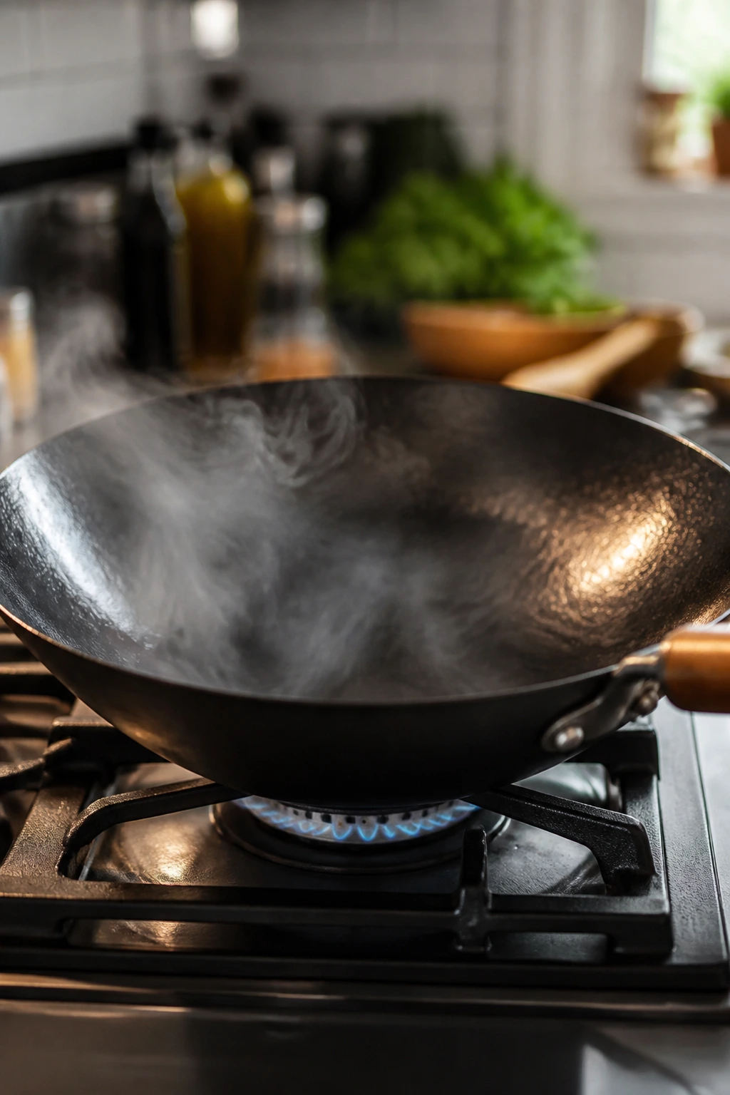 Close-up of a well-used wok on a stove with steam