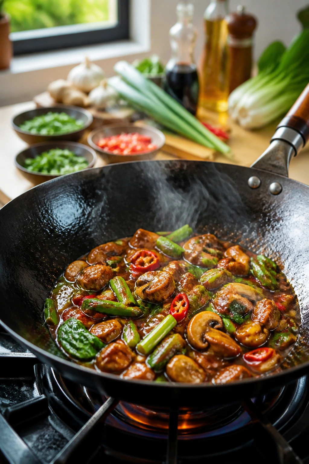 Wok with glossy sauce and aromatics steaming on a stove