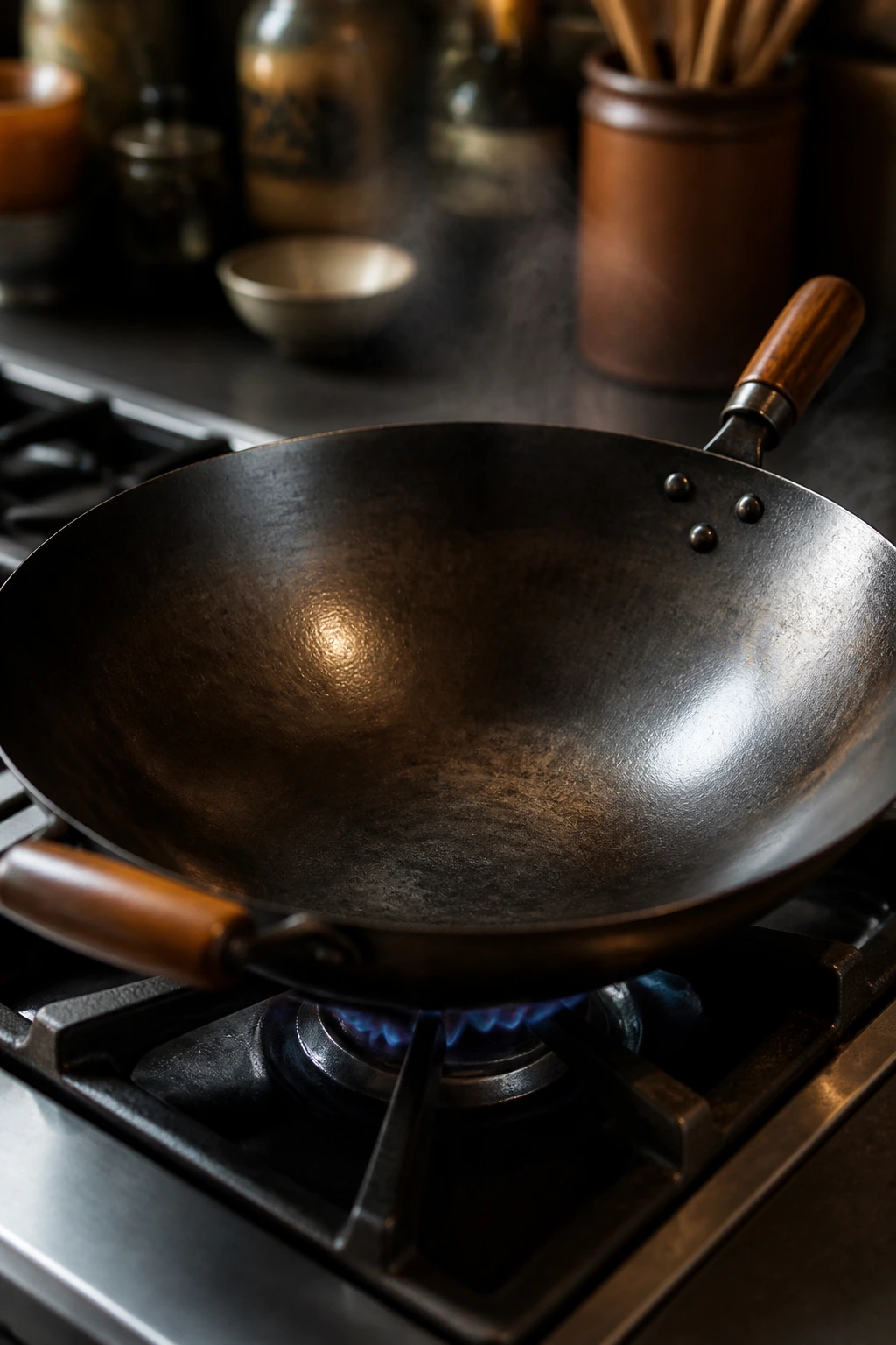 Carbon steel wok on a stove in a warm kitchen setting.