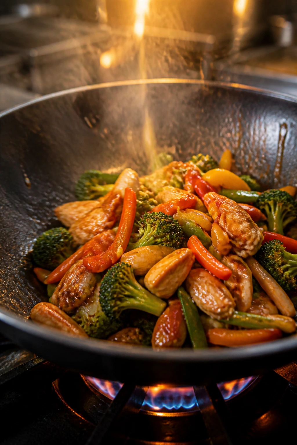 Wok searing vegetables and glossy sauce at high heat
