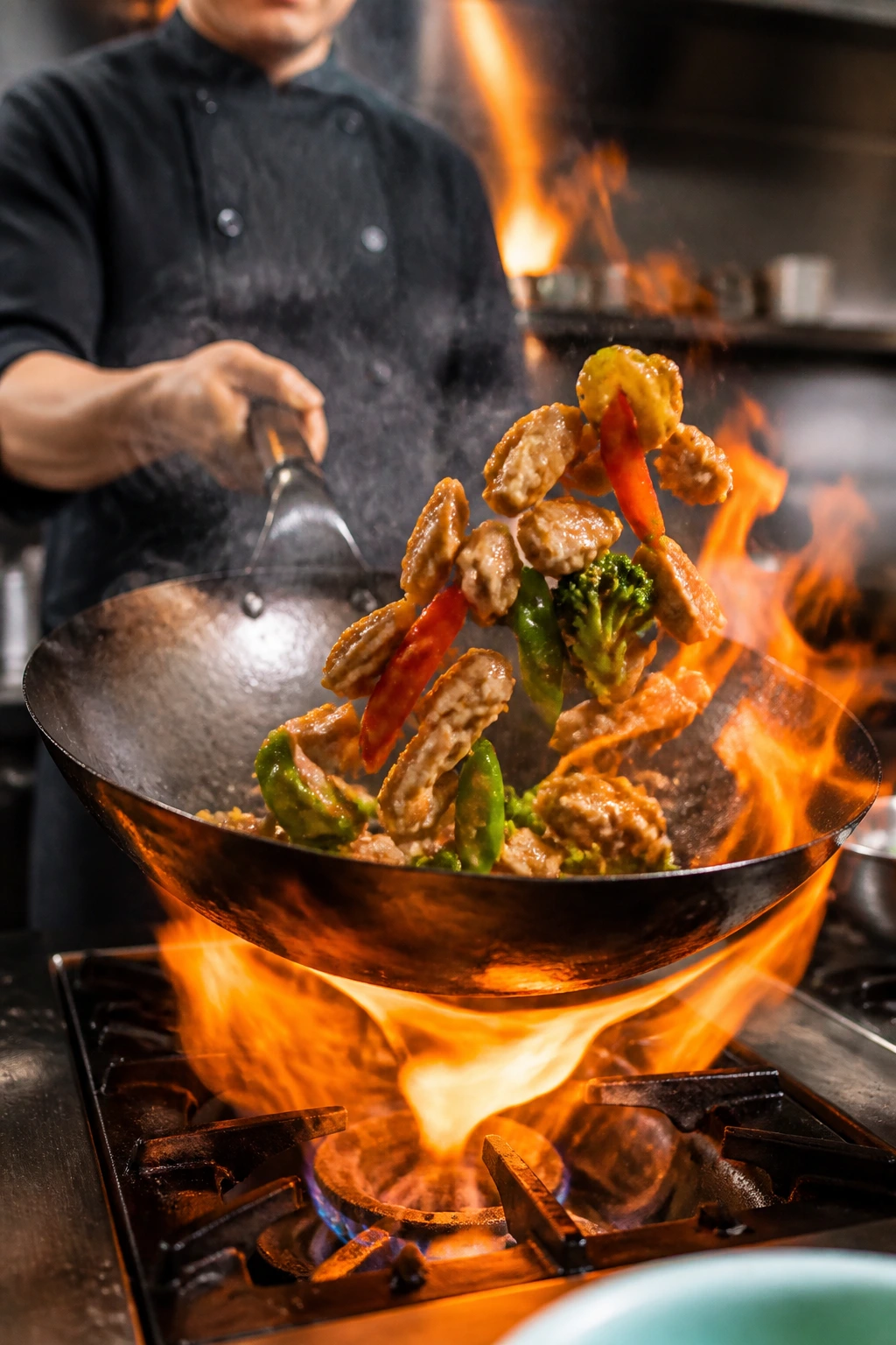 Chef tossing stir-fry in hot wok with flames