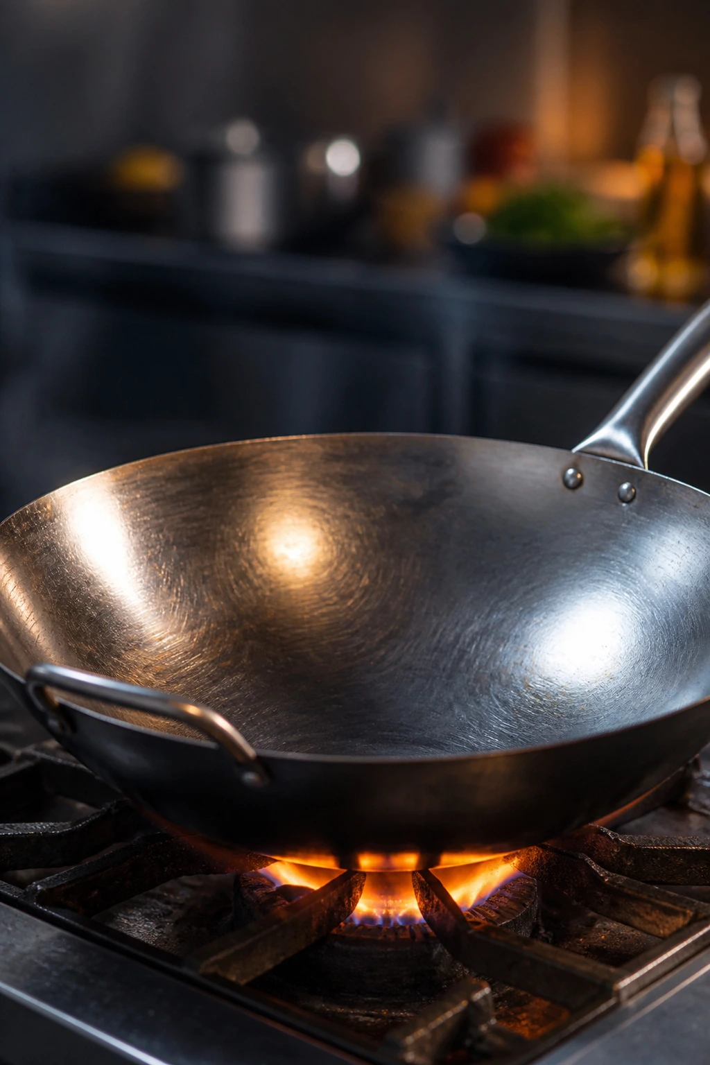 Gleaming wok on a stove in a kitchen