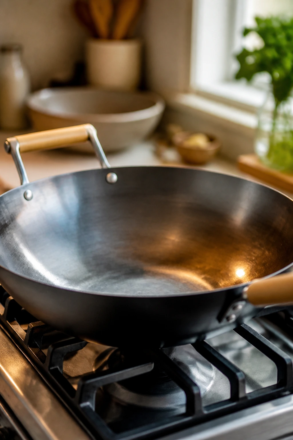 Close-up of a 12-inch wok on a home stove ready for Chinese cooking