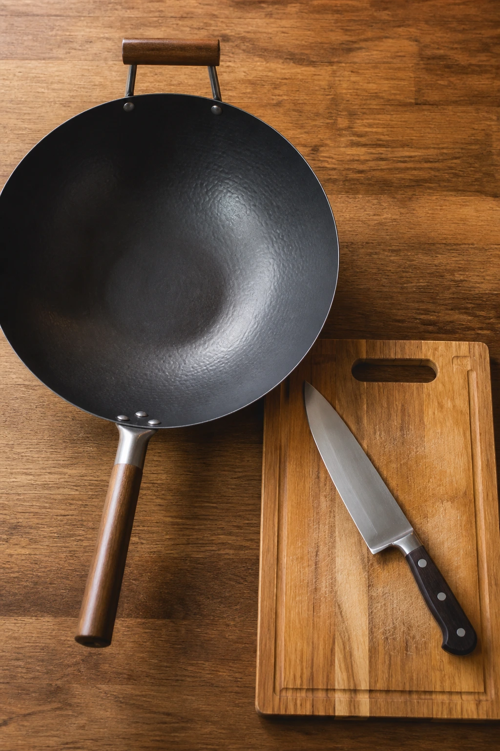Top-down view of essential cooking equipment on a wooden counter