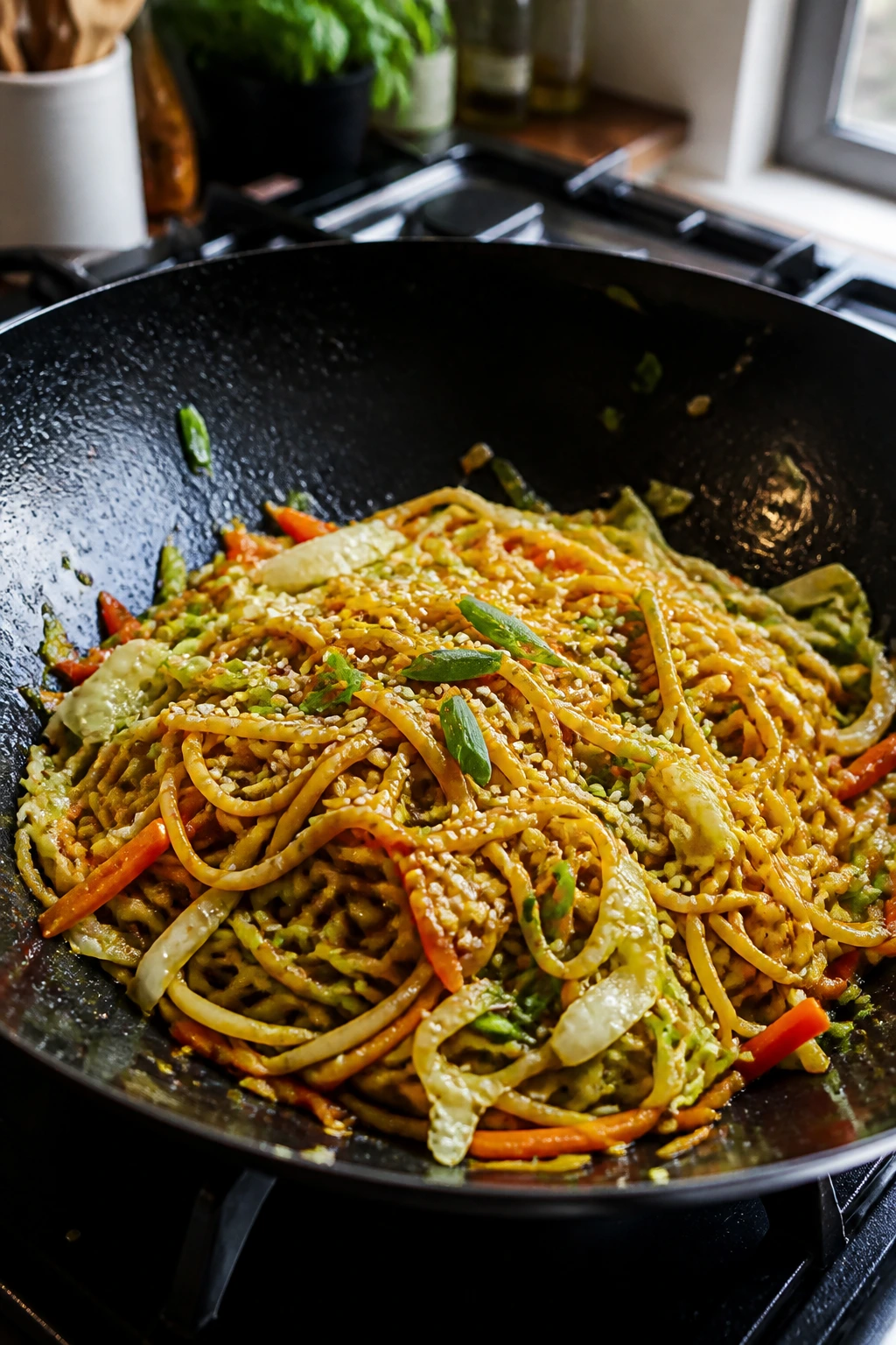Glossy noodles clinging to pan with sesame seeds and scallions