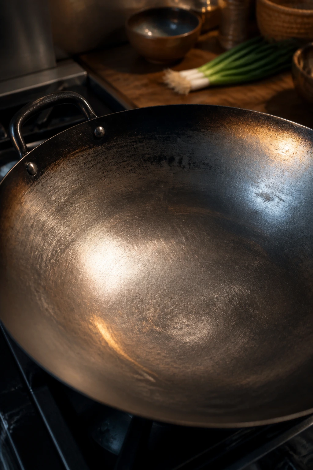 Close-up of a wok filling the frame in a kitchen setting.