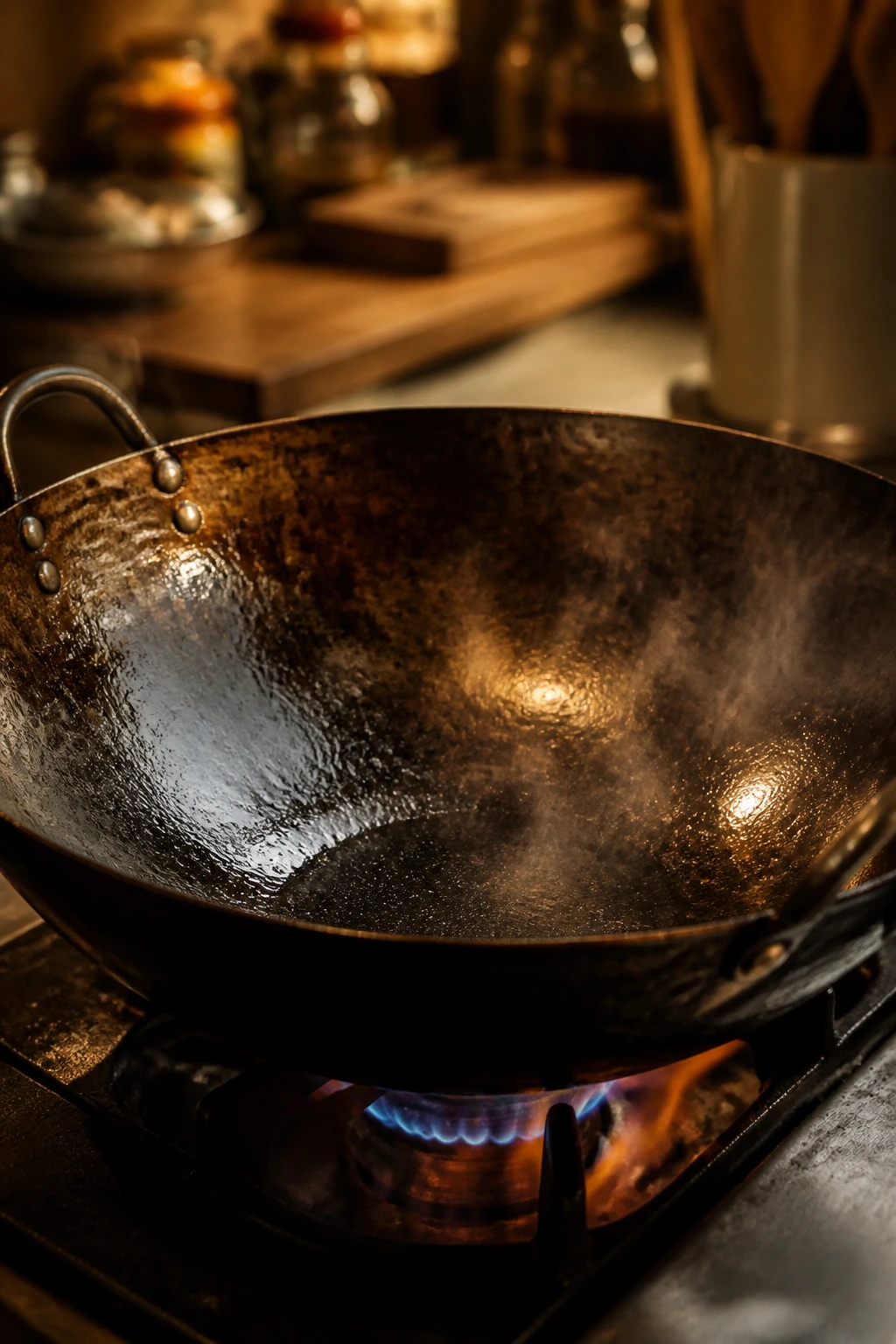 Close-up of a seasoned wok on a gas burner in a cozy kitchen.