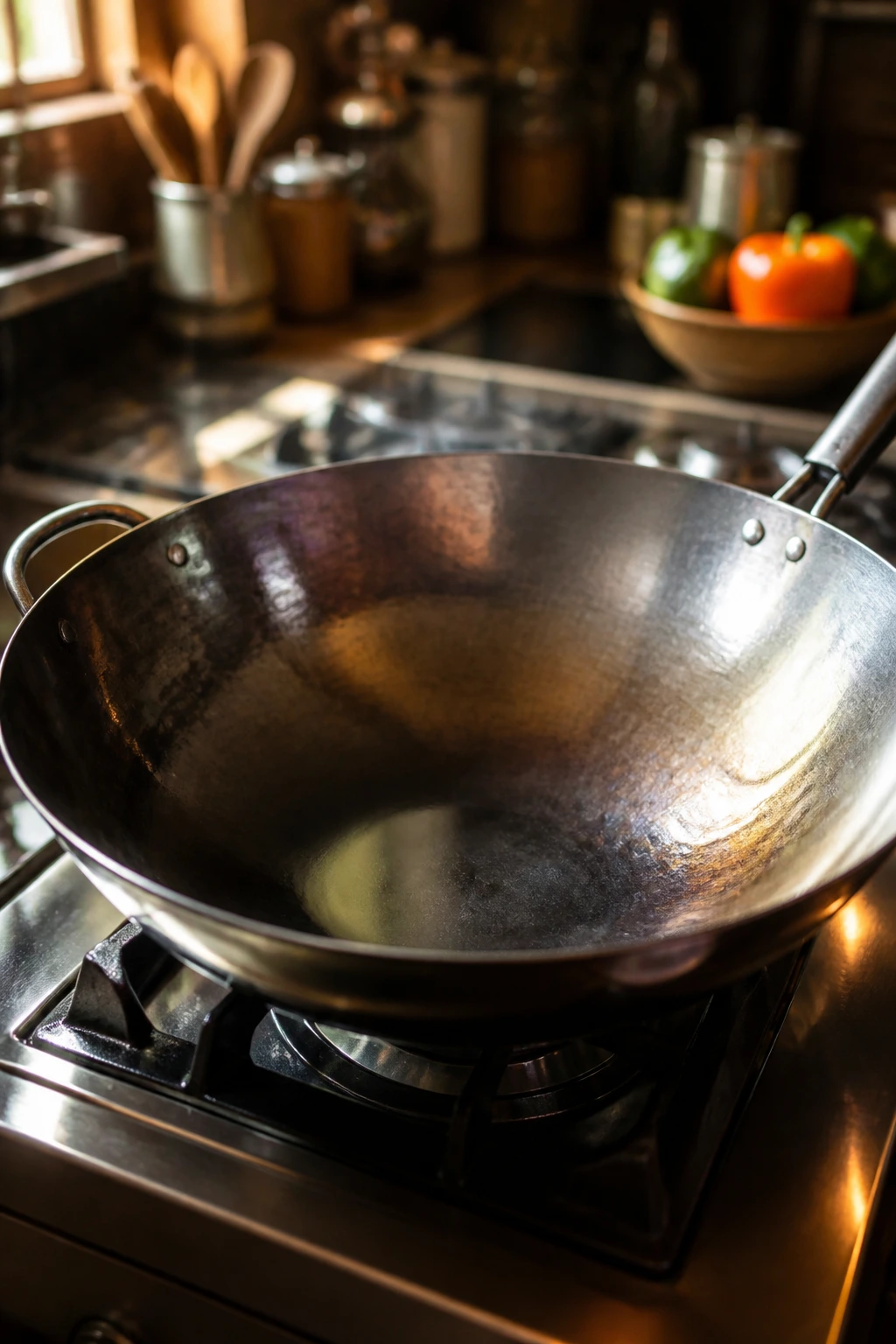 Close-up of a gleaming 12-inch wok dominating a home kitchen, ready for searing