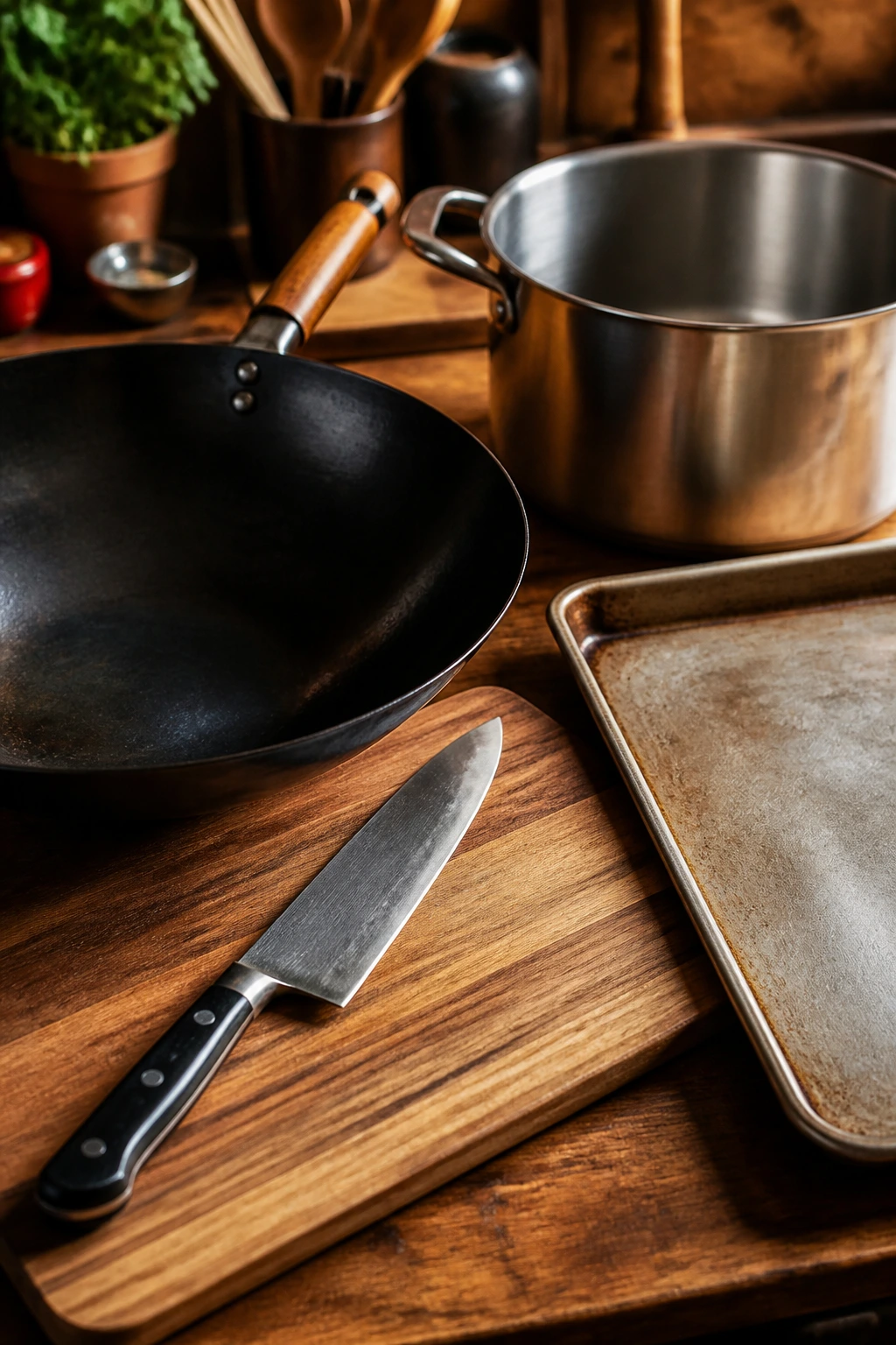 Hero shot of essential Asian cooking tools on a wooden counter