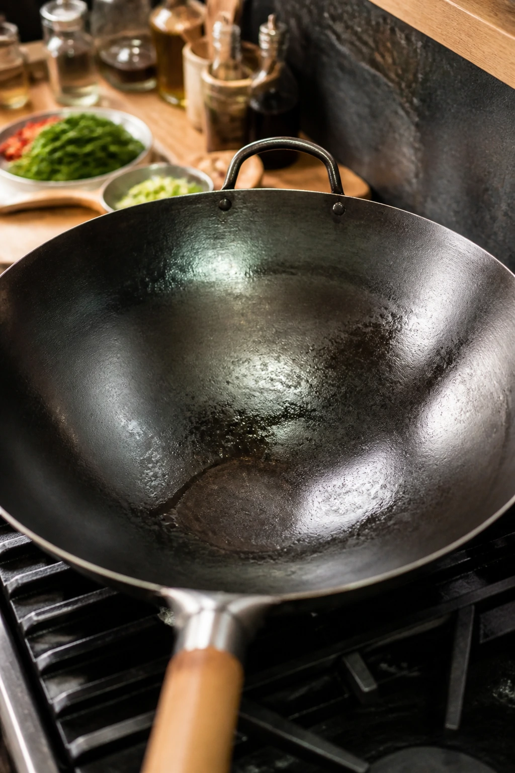 Interior of a large wok with a light oil sheen ready for high-heat cooking