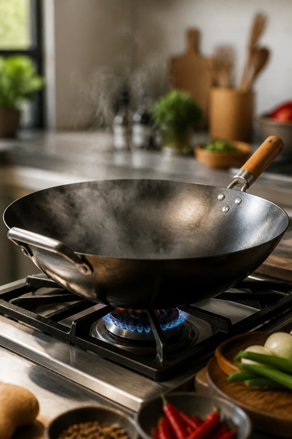 Gleaming wok on burner in modern kitchen