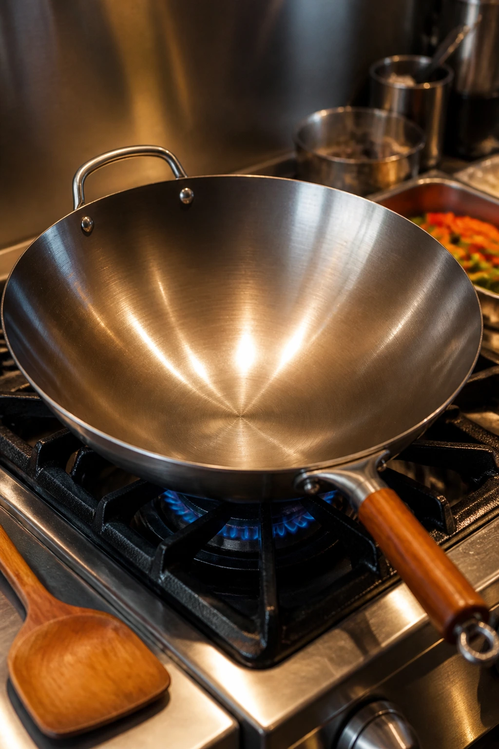 Close-up of a 12-inch wok on a stove in a kitchen
