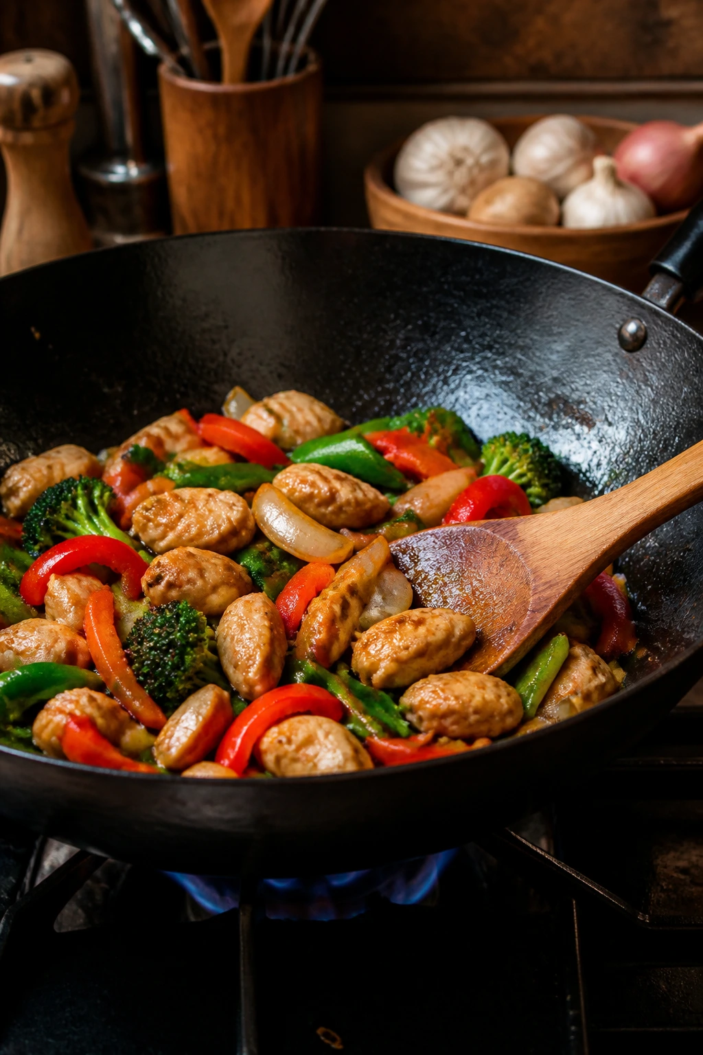 Wok with wooden spatula resting inside on a burner