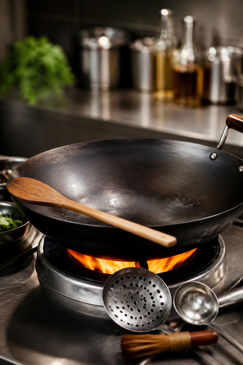 Large wok with wooden spatula on stove, high-heat glow