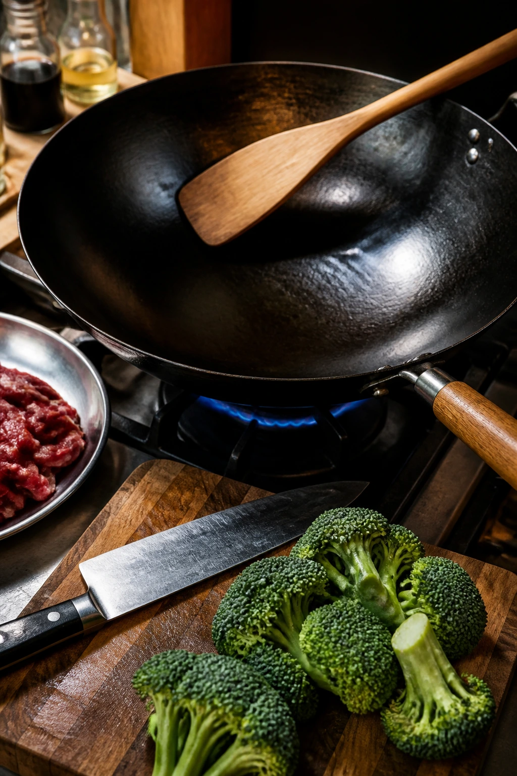 Wok with wooden spatula on stove