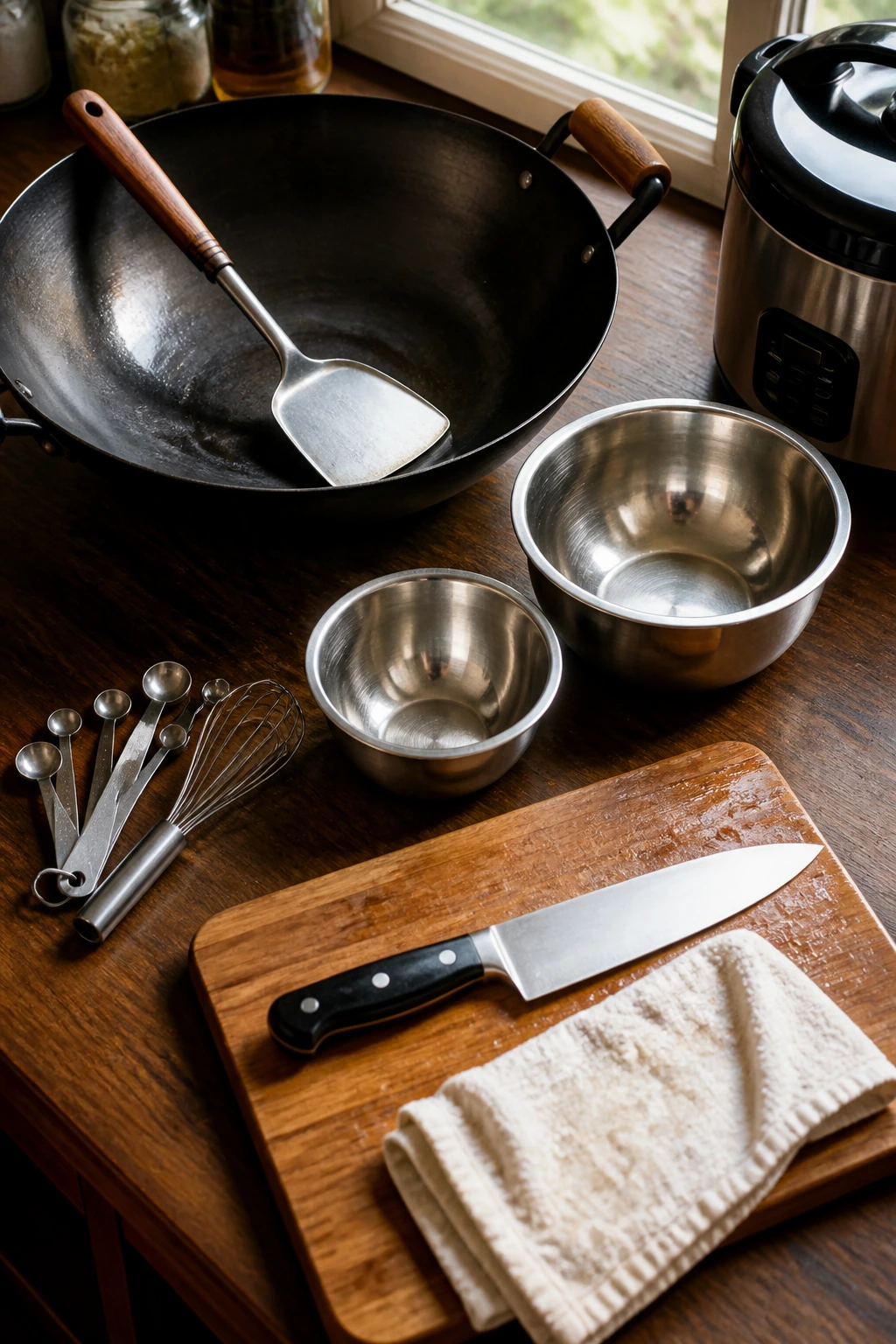 Arrange essential stir-fry tools on a kitchen counter