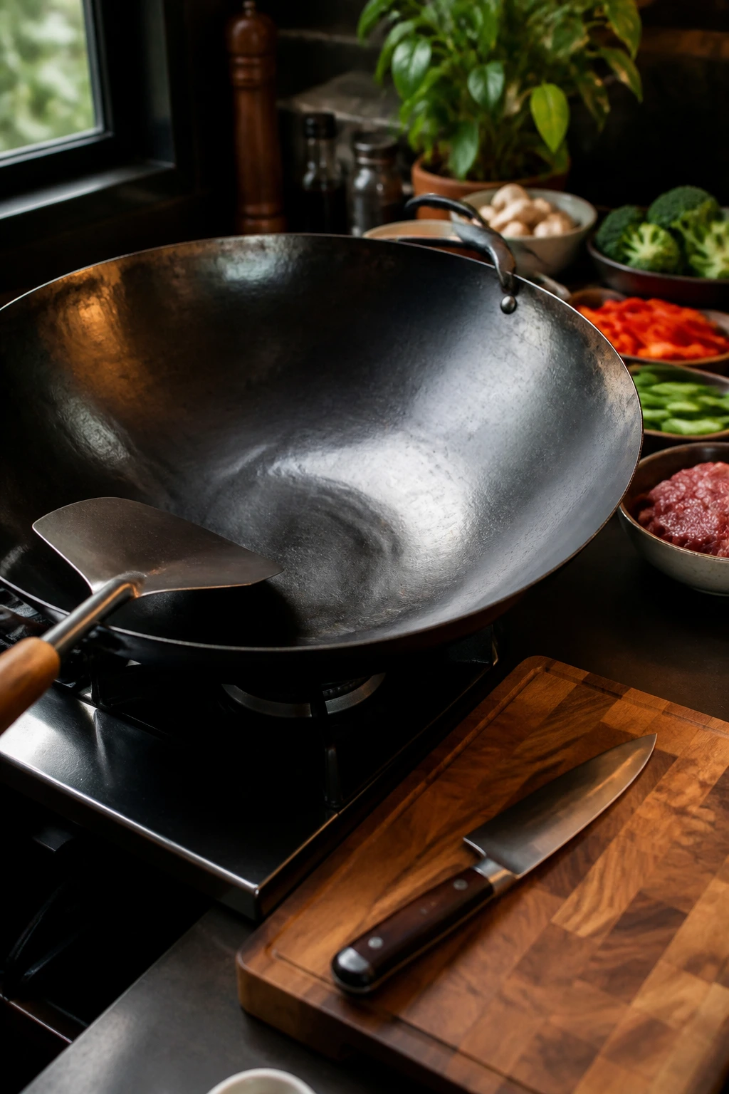 Wok with searing beef and knife on cutting board in kitchen