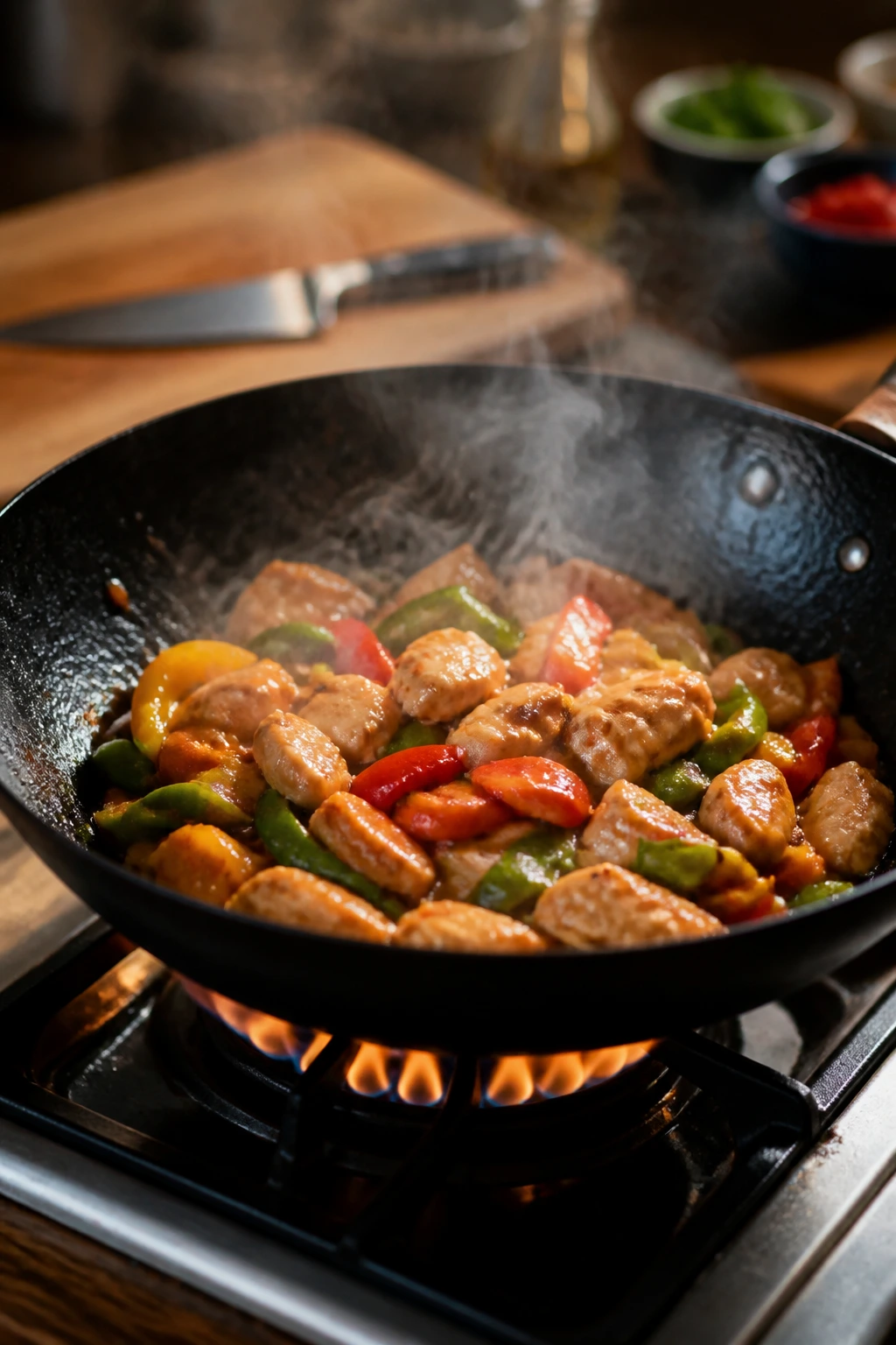 Wok on stove with sizzling stir fry and rising steam