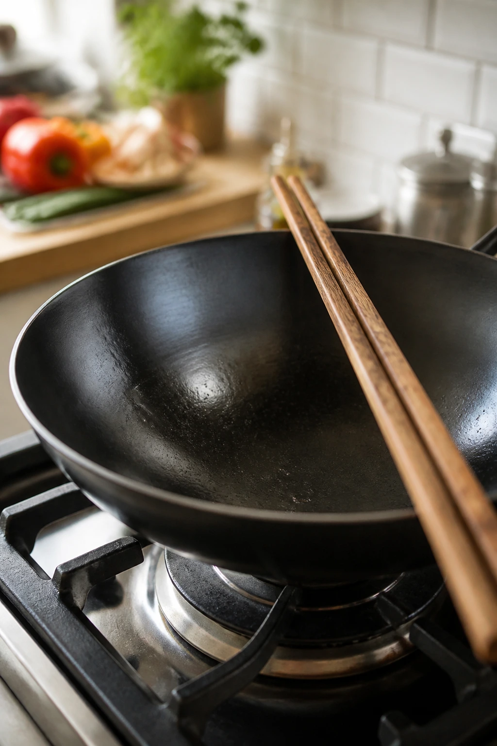 Wok with tongs resting on rim in a bright kitchen