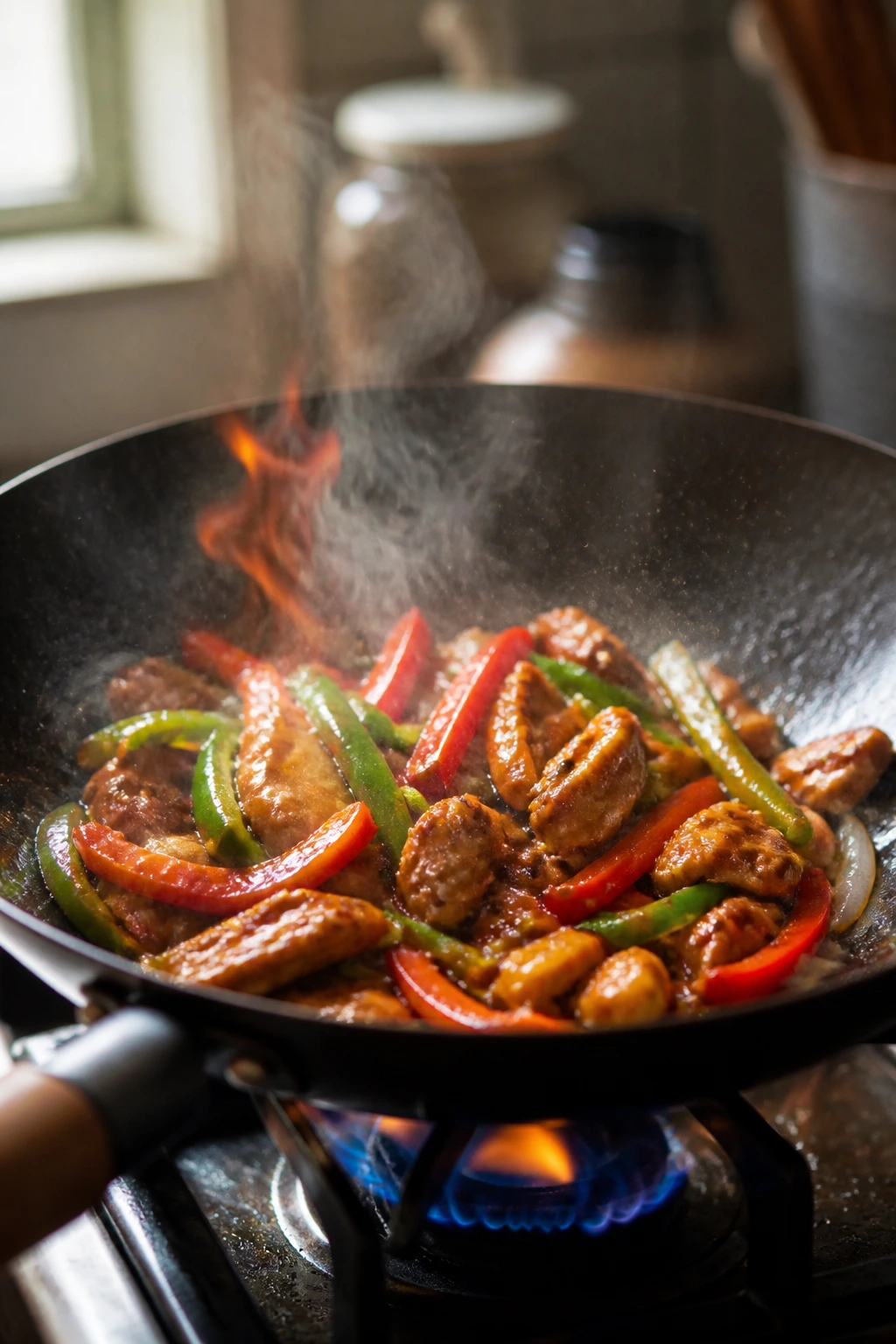 Close-up of a sizzling wok with crisp vegetables and meat in glossy sauce, on a real kitchen stove
