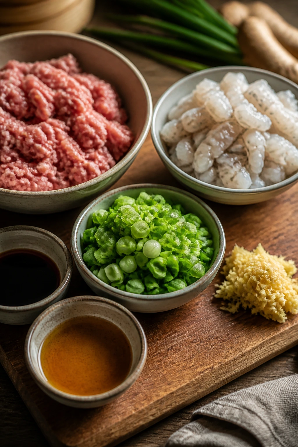 Wonton filling ingredients arranged on wood board for folding