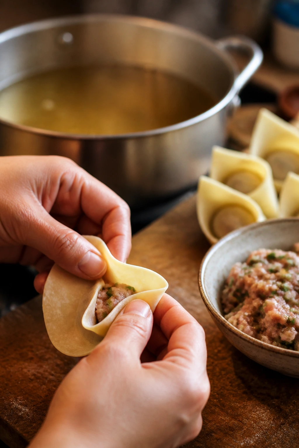 Hands folding a wonton on a wooden board with broth in background