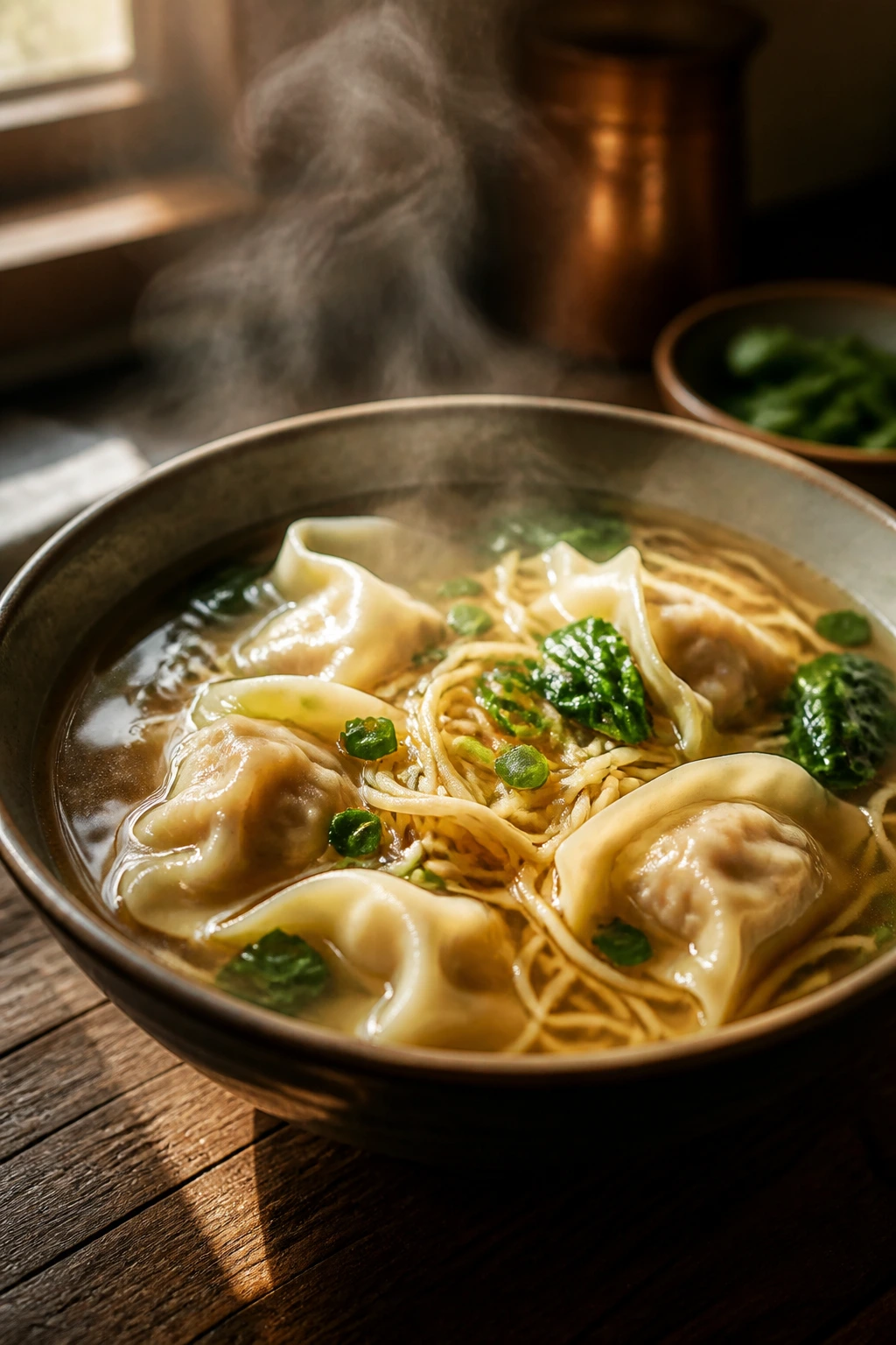 Close-up of a steaming bowl of wonton noodle soup on a rustic wooden table