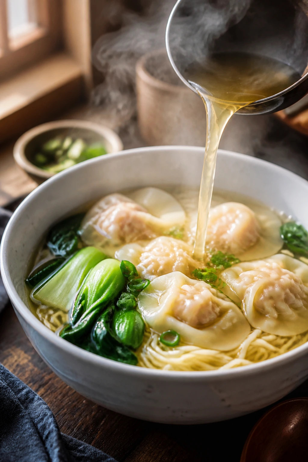 Close-up of layered wonton noodle soup with bright clear broth and steam