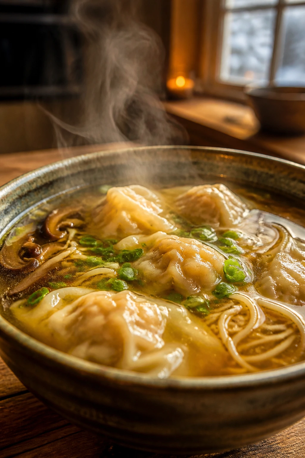 Steaming wonton noodle soup bowl in a cozy kitchen with steam and warm lighting