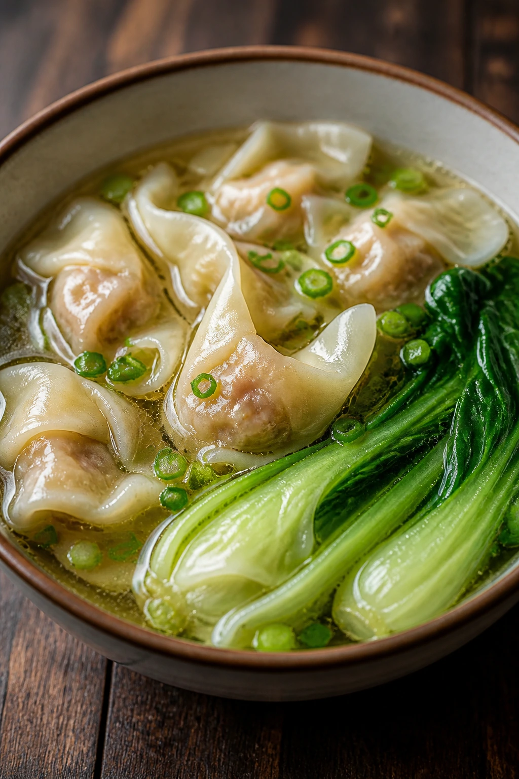 Steaming wonton soup with translucent wontons and bok choy